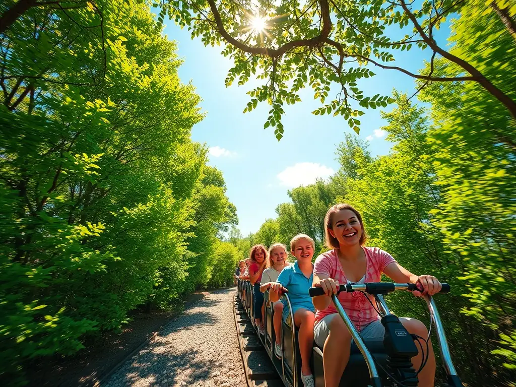 A group of people enjoying a vélorail ride along the historic tracks, with lush greenery and open skies in the background.