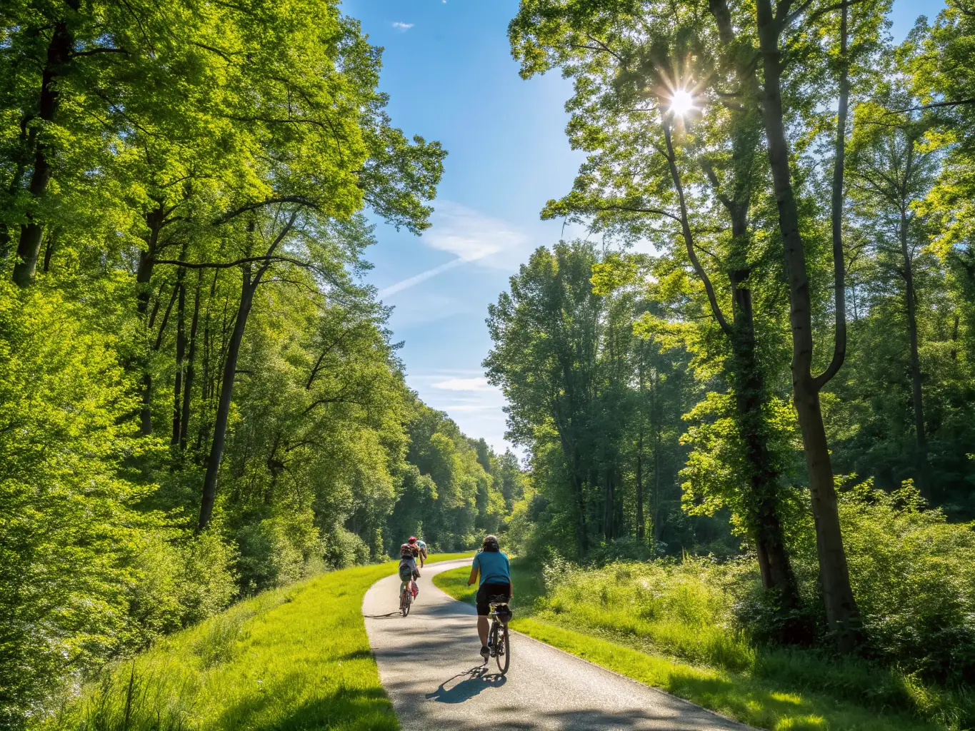 A scenic view of the vélorail track with participants pedaling along the rails, surrounded by lush greenery and trees, showcasing the fun and eco-friendly nature of the activity.