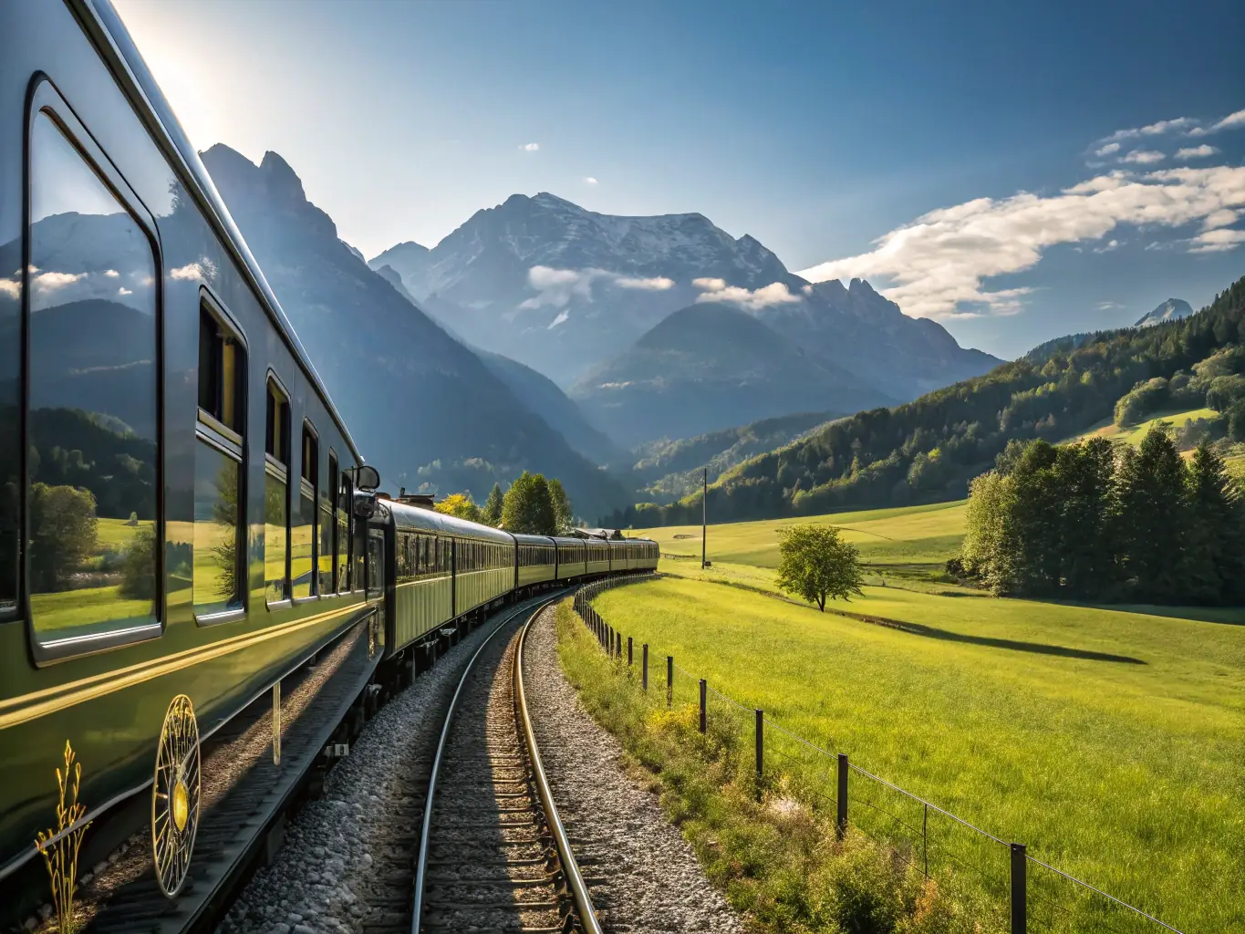 A scenic view of the heritage train winding through the Charente countryside, showcasing the restored carriages and the picturesque landscape.
