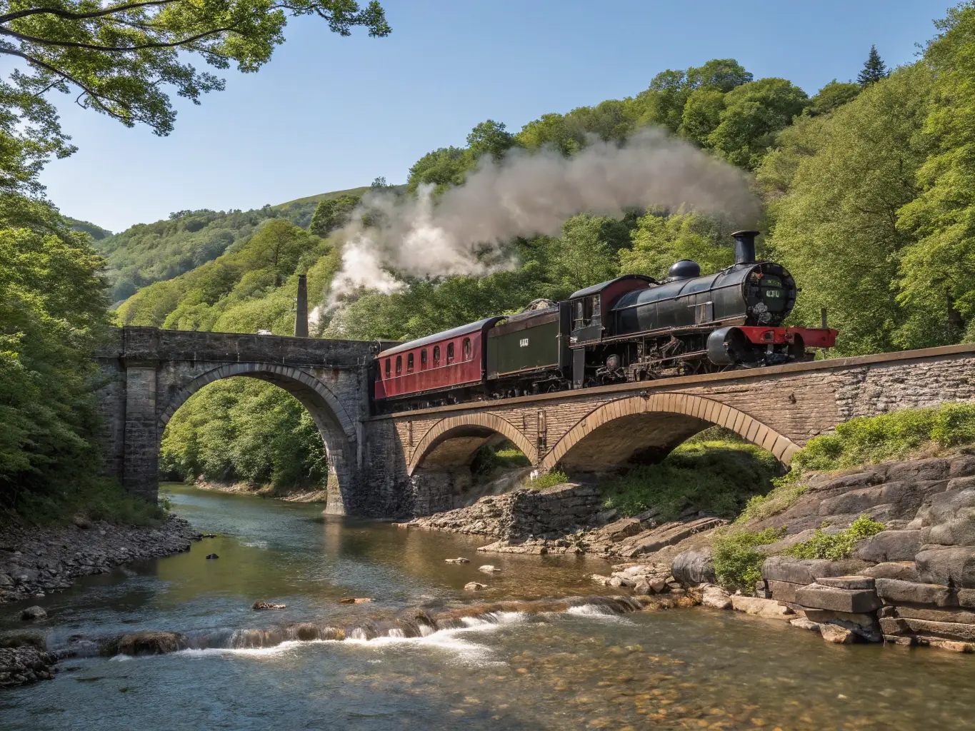 A scenic view of the heritage railway, showcasing a vintage train winding through the picturesque Charente countryside, emphasizing the historical and natural beauty of the railway.