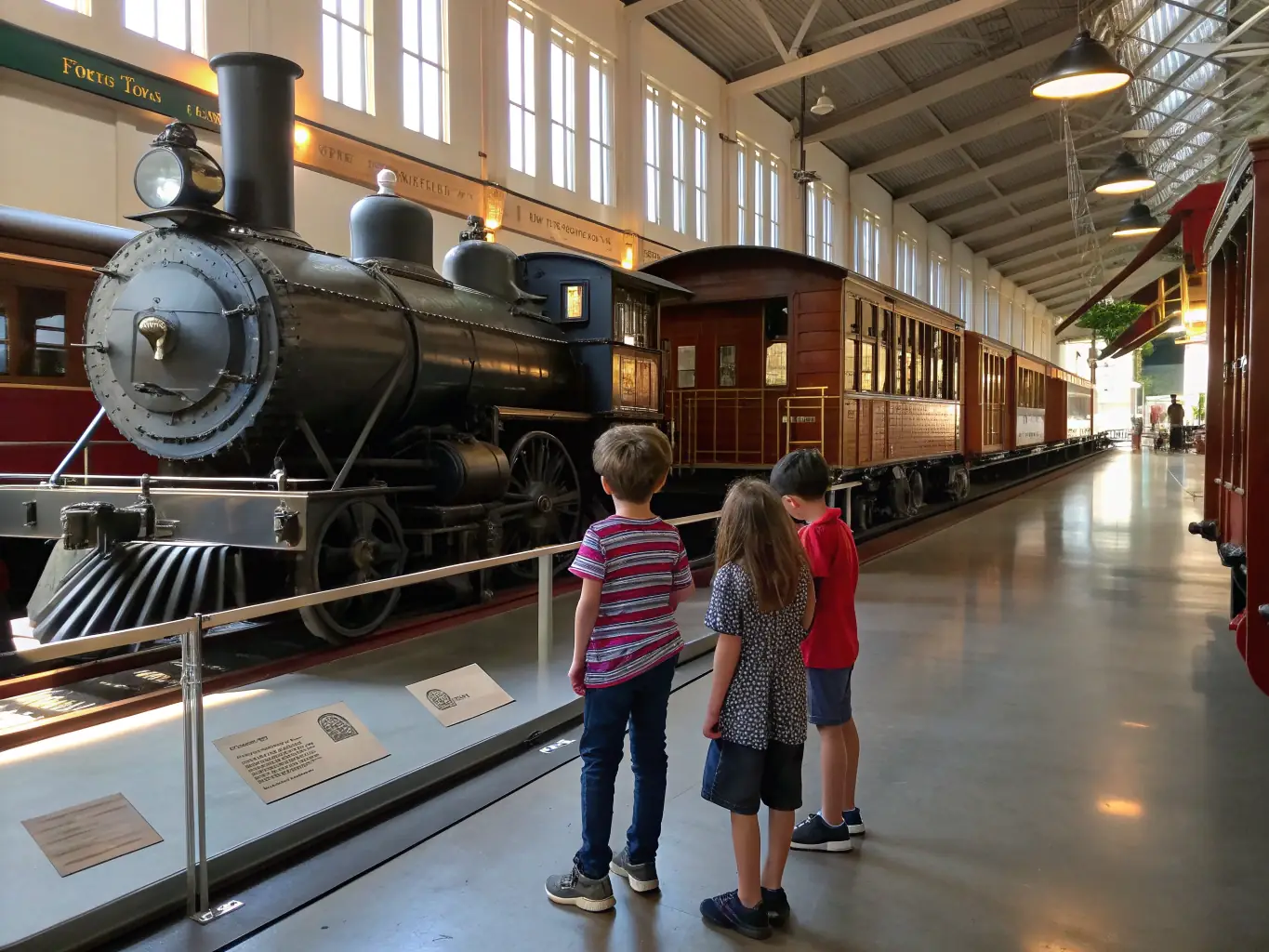 A group of students participating in an educational program at the CFCL railway, learning about railway history, engineering, and heritage conservation. The image should highlight the interactive and engaging nature of the program.