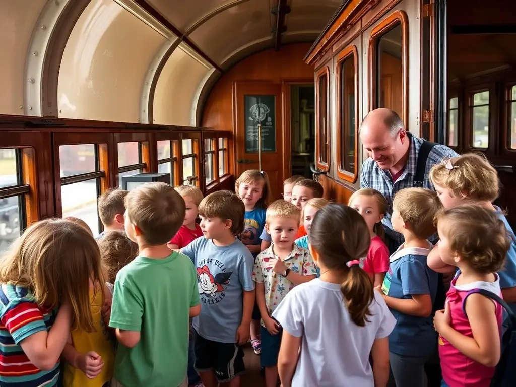 A classroom setting with children participating in railway-themed educational activities, showcasing railway artifacts and interactive learning experiences.