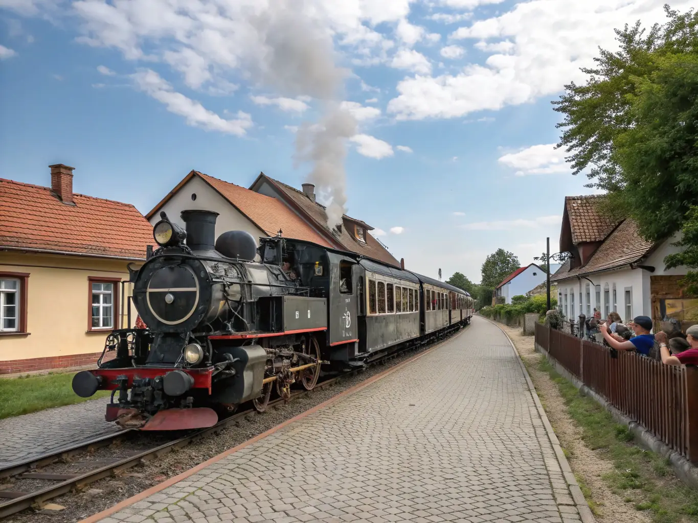 A vintage heritage train traveling through the countryside, with passengers enjoying the scenic views from the windows, capturing the nostalgic charm and historical significance of the railway.