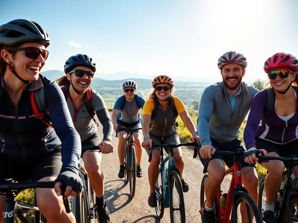 A scenic view of the vélorail track winding through the Charente countryside, with participants of various ages pedaling along the rails on a sunny day. The image should convey a sense of fun, adventure, and connection with nature.