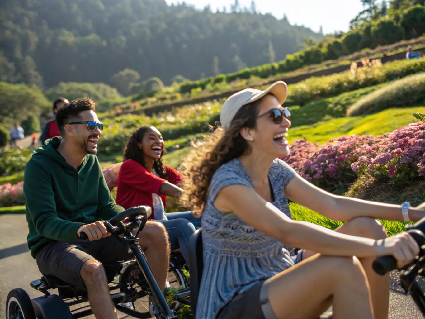 A group of people enjoying a vélorail ride along the historic railway tracks, surrounded by lush greenery, highlighting the fun and eco-friendly nature of the activity.
