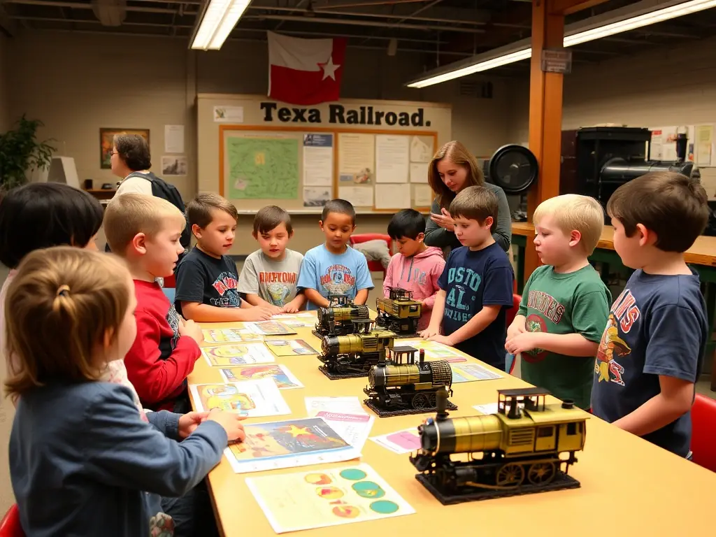 A group of students participating in an educational workshop at the railway, with instructors demonstrating railway engineering principles and historical facts, emphasizing the learning and interactive aspects of the program.
